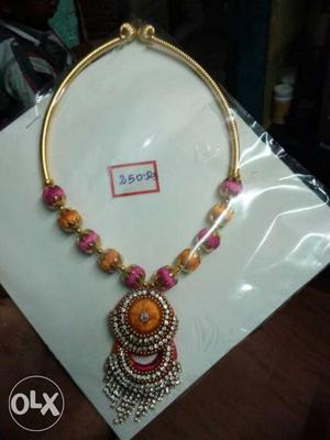 Women's Yellow And Pink Silky Threaded Necklace