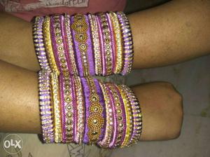 Yellow-and-purple Silk Threaded Bangle Bracelets