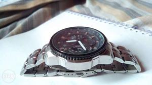 Black And Silver Round Chronograph Watch With Link Strap