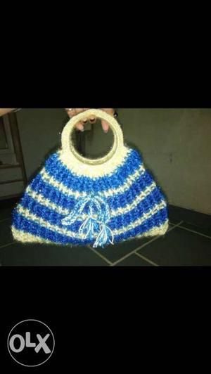 Blue And Beige Knitted Baquette Bag
