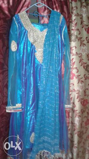 Blue And Gray Floral Asian Traditional Dress with laggi
