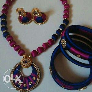 Blue And Pink Silk Tread Necklace And Bangles