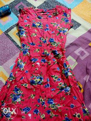 Blue, Red, And Green Floral Crewneck Cap Sleeve Dress
