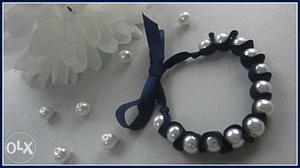Blue Strap White Pearl Beaded Bracelet