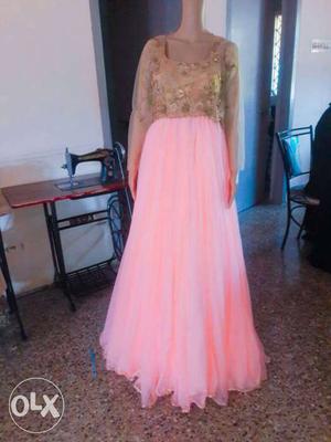 Brown And Pink Mesh Sleeve Floral Floor-length Dress