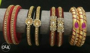 Four Black, Red, Brown And Beige Bangle Silk Tread Bracelets