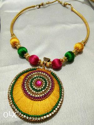 Gold Green And Pink Silk Thread Necklace