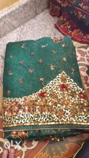 Green, White And Gold Folded Sari