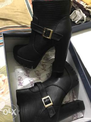 Pair Of Women's Black Leather Boots In Box