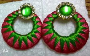 Pair or Green-and-pink Chandbali Earrings
