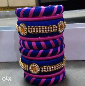 Pink And Blue Silk Bangle Bracelet