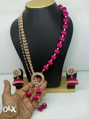 Pink And Gold Link Silk Thread Necklace And Pair Of Jhumka