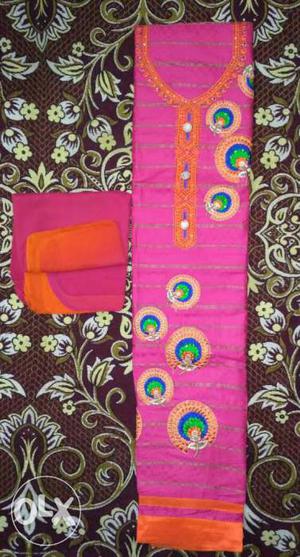 Pink And Orange Scoop Neck Traditional Dress
