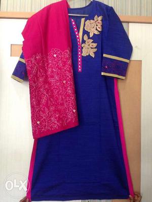 Pure cotton silk Blue kurti with rani rayon