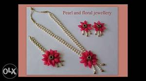 Red Floral Pendant Pearl Beaded Necklace Earrings And