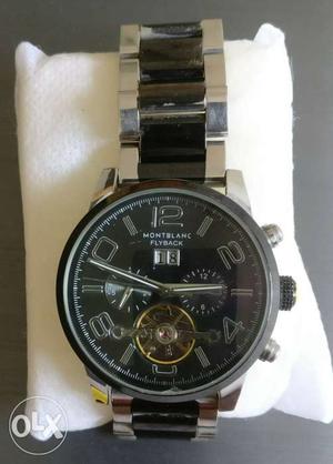 Round Black Montblanc Flyback Chronograph Watch With Silver