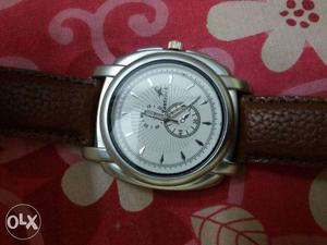 Round Grey Chronograph Watch With Brown Leather Strap