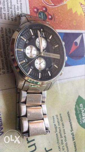 Round Silver And Black Armani Exchange Chronograph Watch