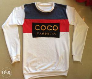 White, Blue And Red Pullover With Coco Fashion Text Print