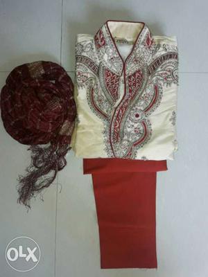 White, Gray, And Red Sherwani With Scarf