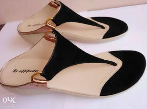 White-and-black Leather Flat Sandals