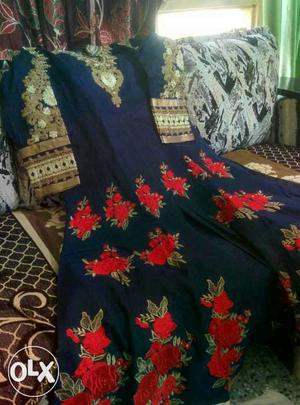 Women's Blue, Red And Gold-colored Floral Traditional Dress