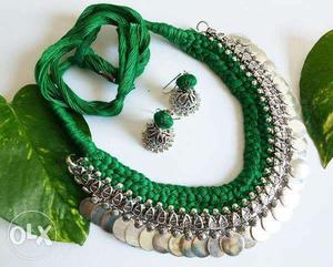 Women's Green And Silver Fabric Necklace