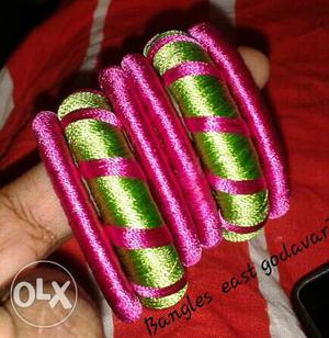 Six Green And Pink Silk Tread Bungles