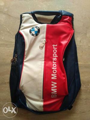 Black, Red, And White BMW Motorsport Leather Backpack