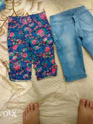 Blue And Pink Floral Capri Shorts And Blue Denim Capri