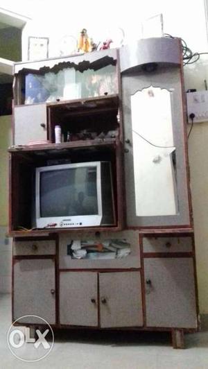 Brown And Grey Wooden TV Hutch With CRT TV