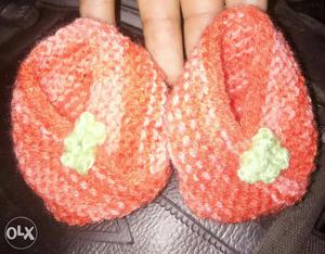 Woollen Baby's Pair Of Orange-and-green Knit Shoes for new