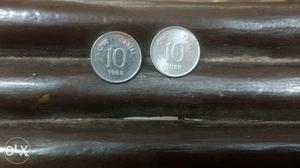 Two Round Silver 10 India Paise Coins