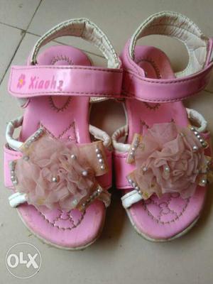 Pink-and-white Leather Open Toe Ankle Strap Velcro Sandals