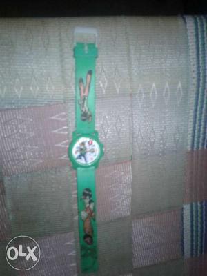 Round Green And White Watch With Green Leather Strap