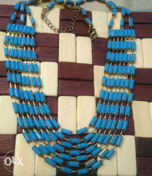 Blue And Gold Beaded Chandelier Necklace