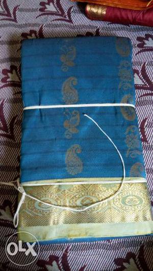 Blue And Gold Paisley Print Sari
