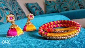 Orange-and-purple Silk Thread Bangles And Jhumka Earrings