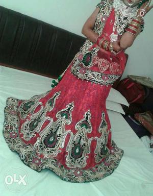 Owmen's Red, Silver, And Green Sari Dress