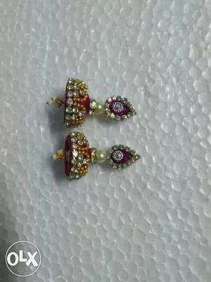 Pair Of Diamond Embellished Red Silk Thread Jhumka Earrings