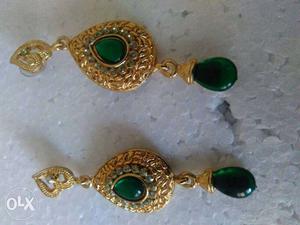 Pair Of Gold-and-emerald Embroider Earrings