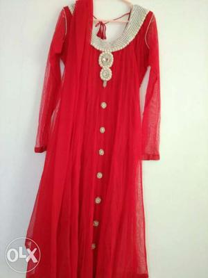 Red And White pearl work Long-sleeved Dress