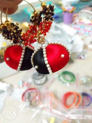 Silk thread red and black color ear rings