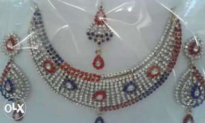 Silver And Red Necklace With Earrings