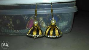 Two Gold Beaded Hook Earrings