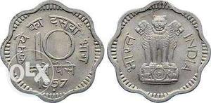 Two Silver Scallops Indian 10 Paise Coin