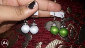 Two White And Green Beaded Earrings