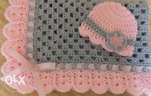 Baby's Pink And Gray Crocheted Cloth And Beanie Hat