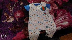 Baby's White,blue And Orange Printed Onesie