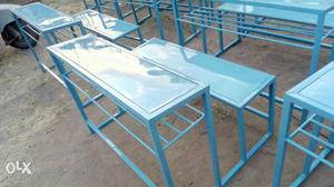 Blue Metal Frame Desks With Benches